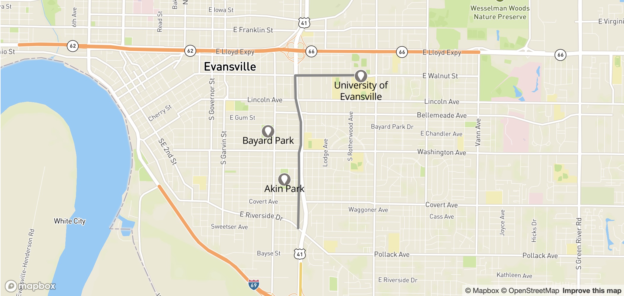 Map of High Rail Trail to University of Evansville
