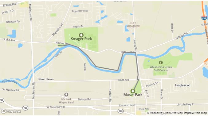 Map of Kreager Park to Moser Park