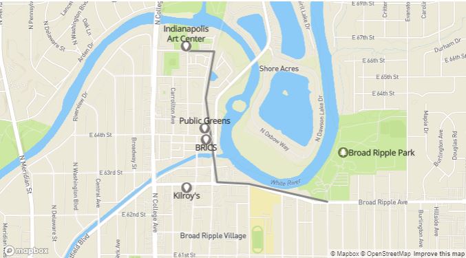 Map of Broad Ripple Park to Indianapolis Arts Center